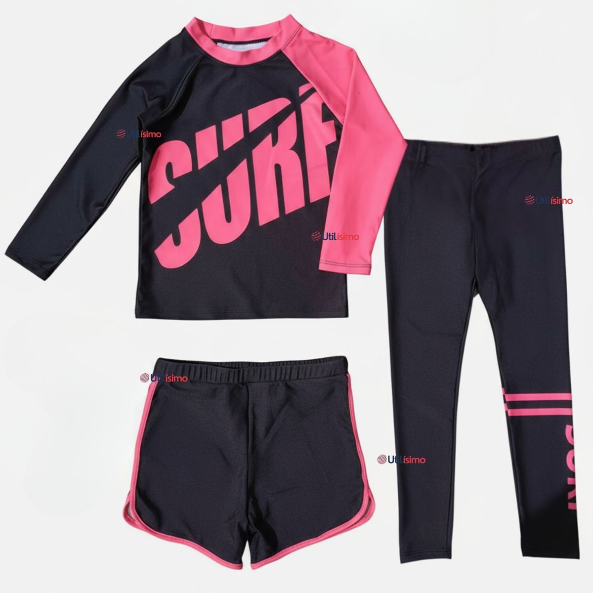 LB CHILE - Traje de Baño Manga Larga Pantalón Largo Y Corto 3 Piezas Corte Split Niña 3 a 11 años Black Surf