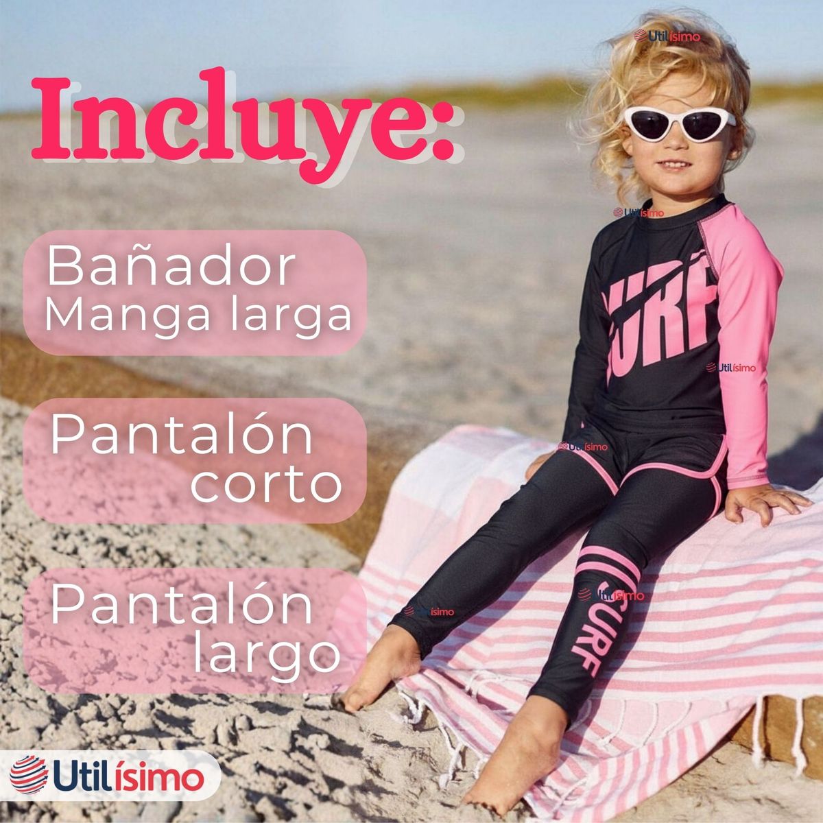 LB CHILE - Traje de Baño Manga Larga Pantalón Largo Y Corto 3 Piezas Corte Split Niña 3 a 11 años Black Surf