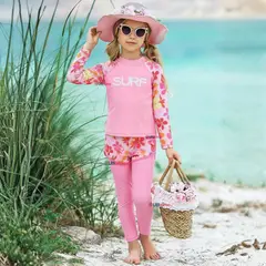 JUMP KIDS - Traje de Baño Manga Larga Pantalón Largo y Corto 3 Piezas Corte Split Niña 3 a 11 años Pink Flowers