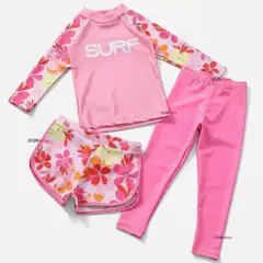 JUMP KIDS - Traje de Baño Manga Larga Pantalón Largo y Corto 3 Piezas Corte Split Niña 3 a 11 años Pink Flowers