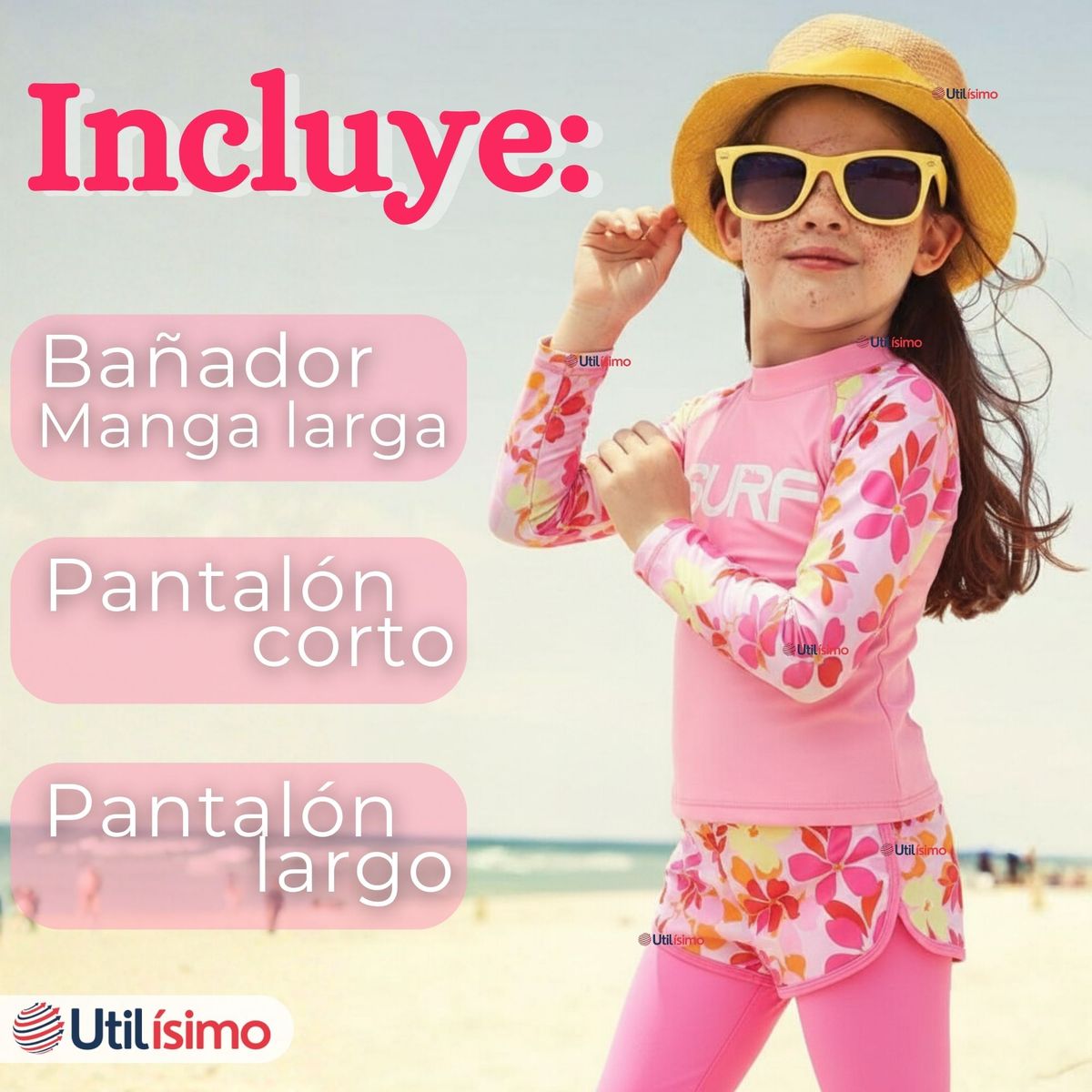 JUMP KIDS - Traje de Baño Manga Larga Pantalón Largo y Corto 3 Piezas Corte Split Niña 3 a 11 años Pink Flowers