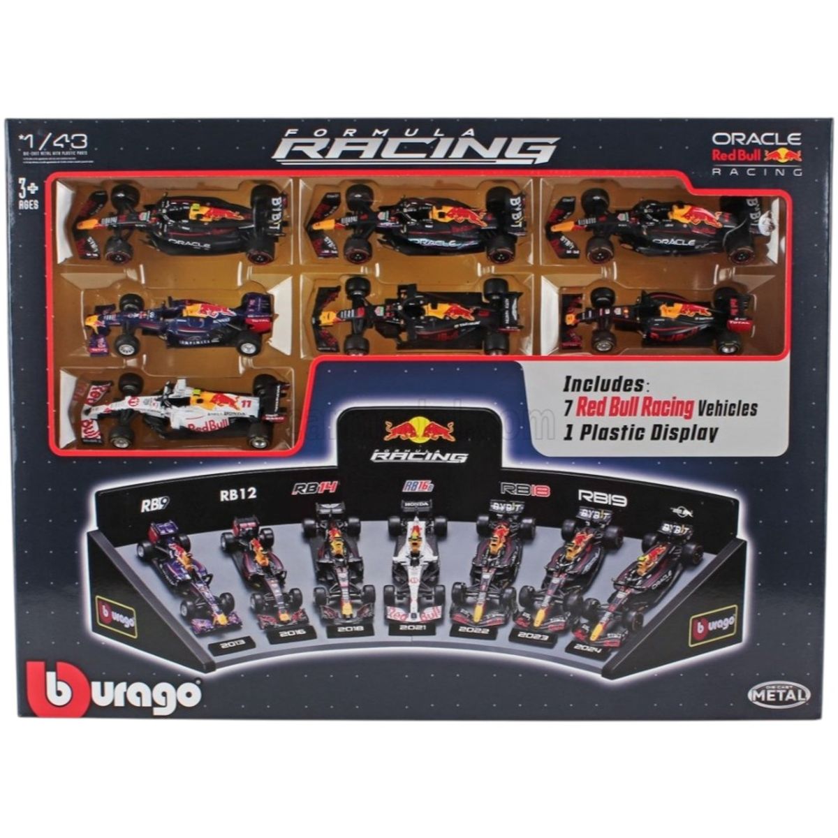 BBURAGO - Set F1 Redbull Exhibidor + 7 Autos Formula 1 A Escala Burago 1:43