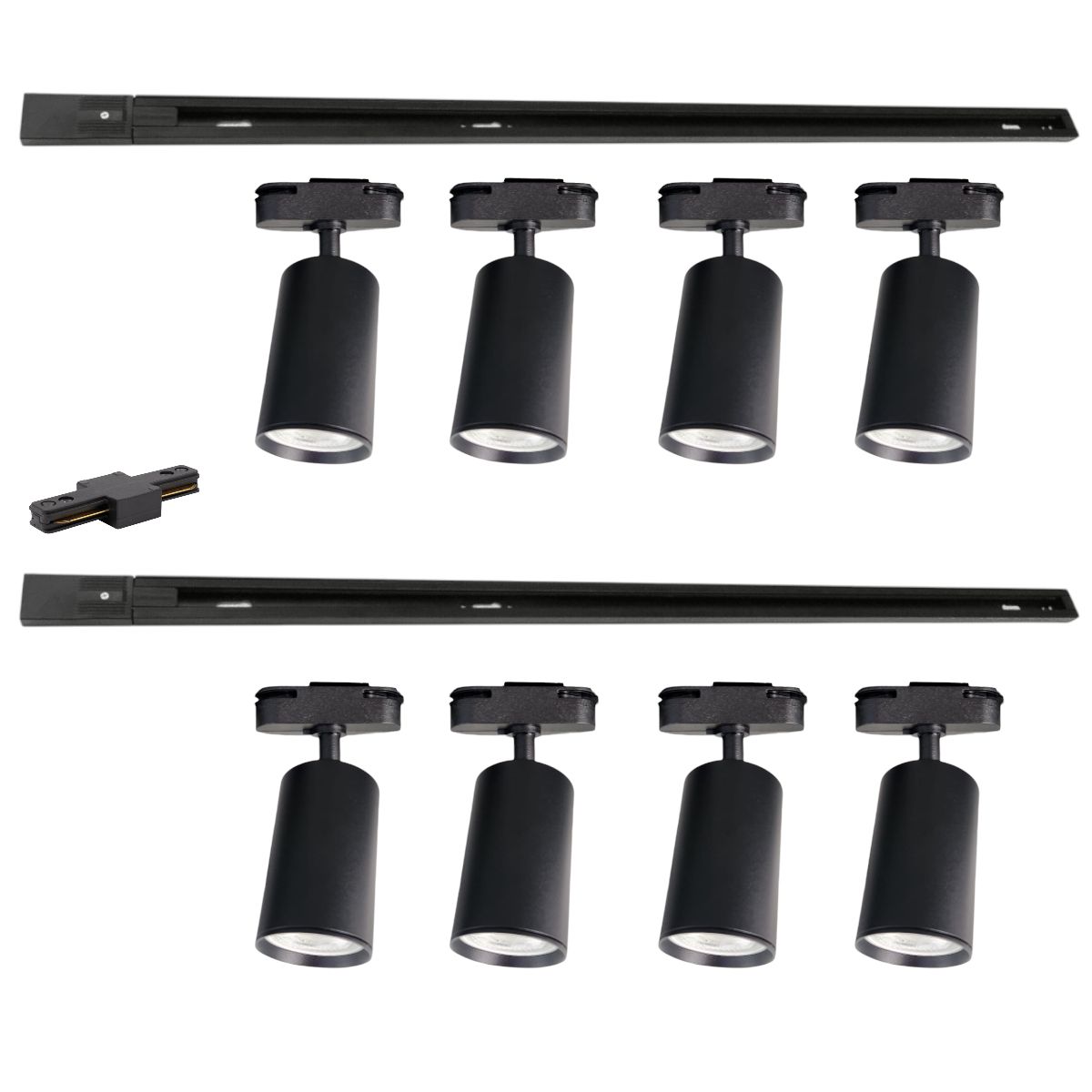 WANT - Lámpara 8 Focos Cilindros Negros Luz Cálida con 2 Riel de 1mt más Unión