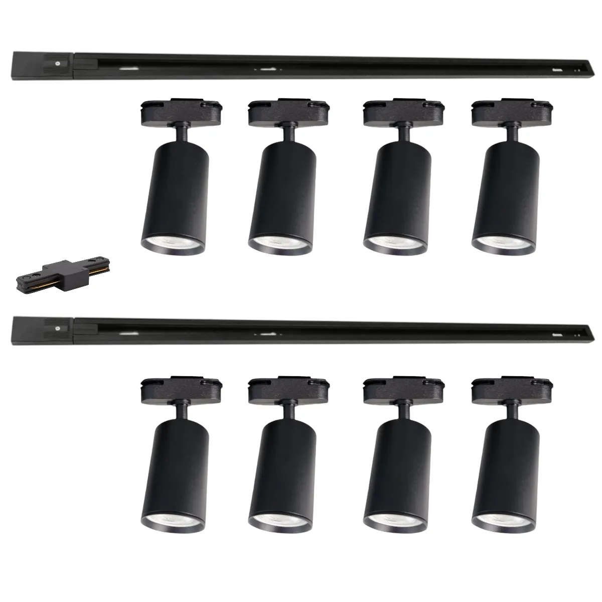 WANT - Lámpara 8 Focos Cilindros Negros Luz Cálida con 2 Riel de 1mt más Unión