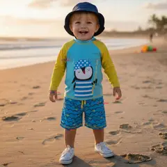 JUMP KIDS - Traje de Baño Polera Manga Larga Pantalón Corto 2 Piezas Corte Split Niño 3 a 9 años Blue Penguin