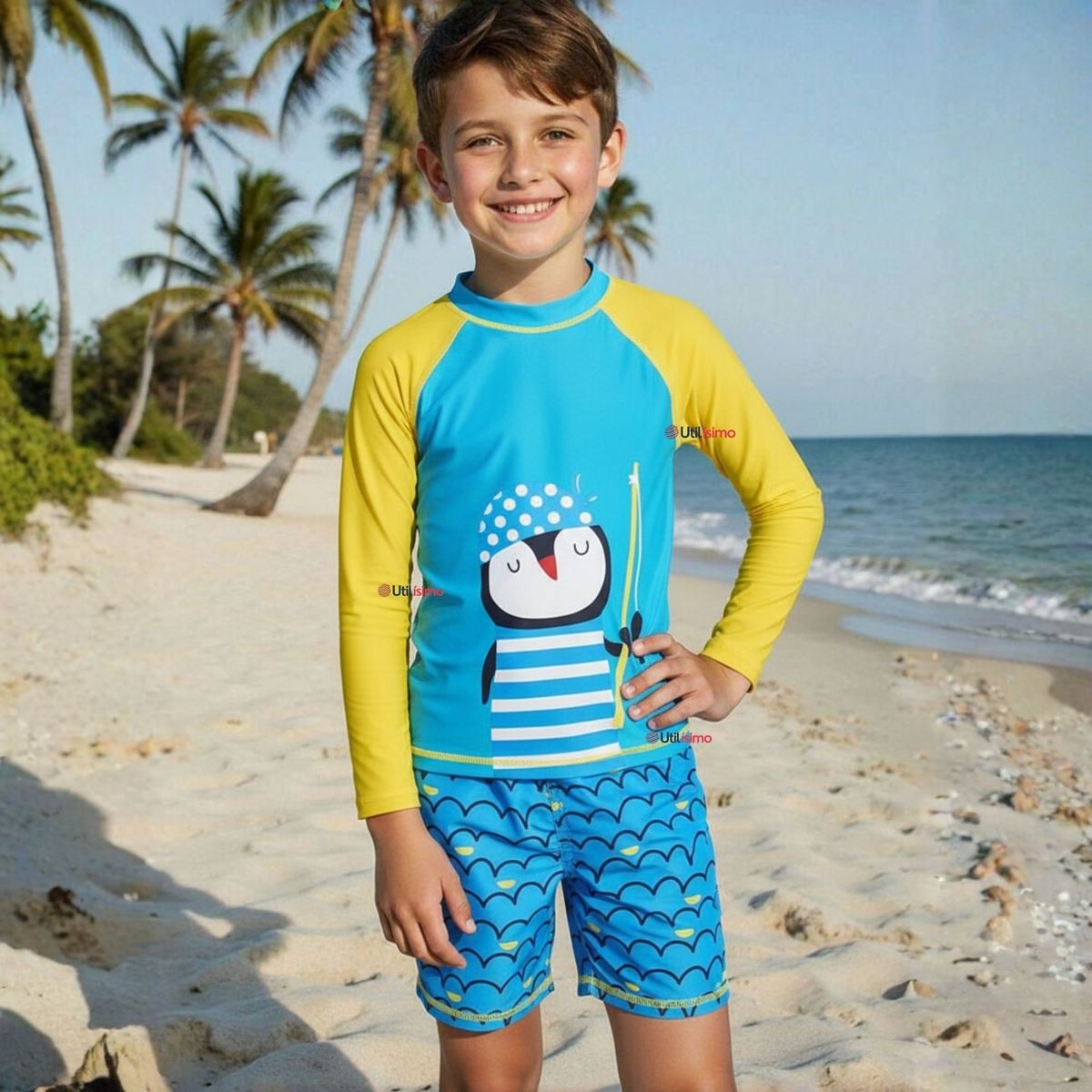 JUMP KIDS - Traje de Baño Polera Manga Larga Pantalón Corto 2 Piezas Corte Split Niño 3 a 9 años Blue Penguin