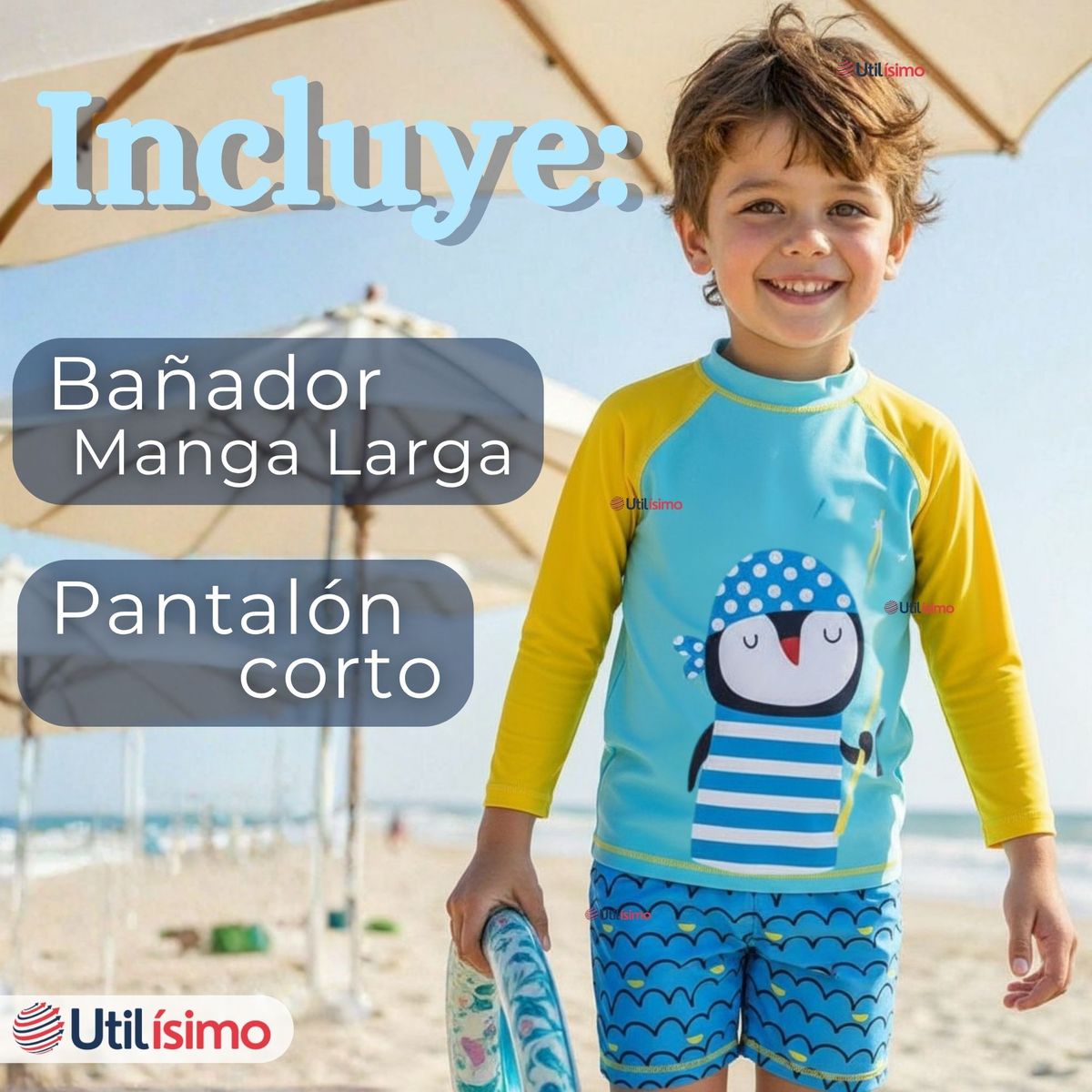 JUMP KIDS - Traje de Baño Polera Manga Larga Pantalón Corto 2 Piezas Corte Split Niño 3 a 9 años Blue Penguin