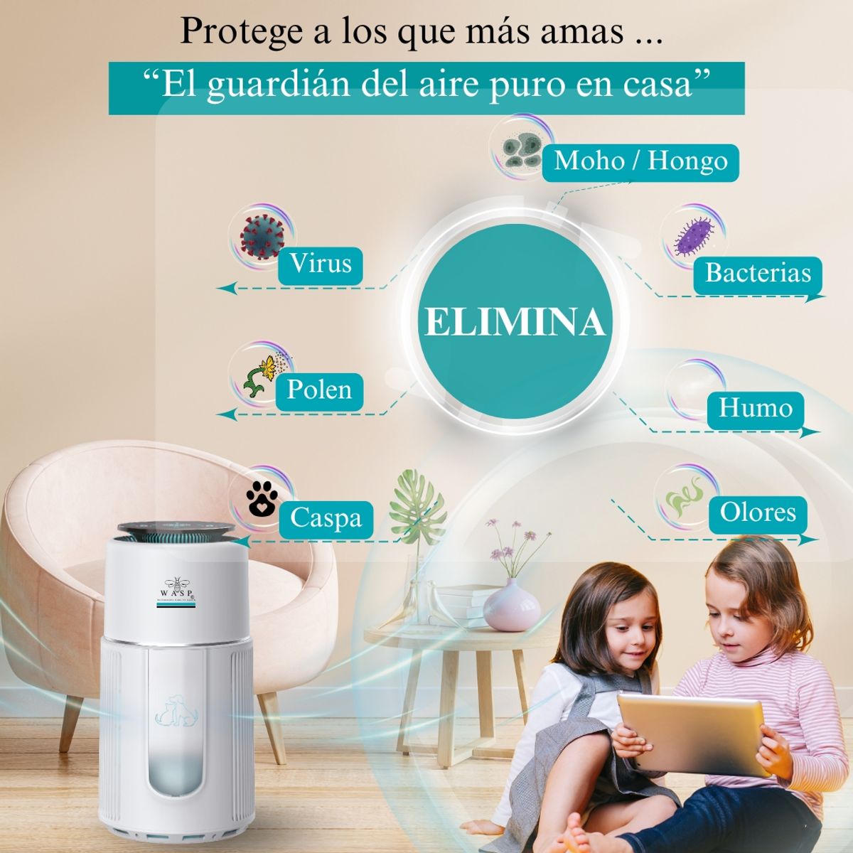WASP - Purificador de aire Family & Pet Pro 90m2 HEPA + Luz UV + Wifi