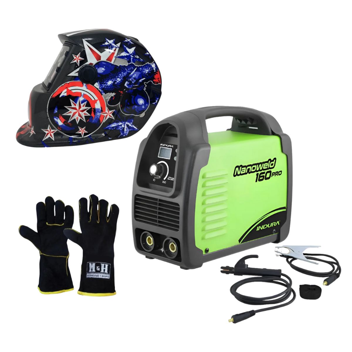 INDURA - kit Soldadora Indura 160A + Máscara Redbo RBLYE26 + Guante
