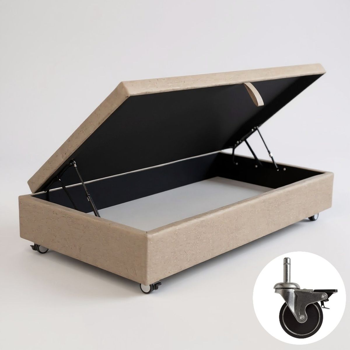 BLOCCARE - Base Cama Baul 1 Plaza (Beige)  L200 / con Ruedas Pyton / Con refuerzo