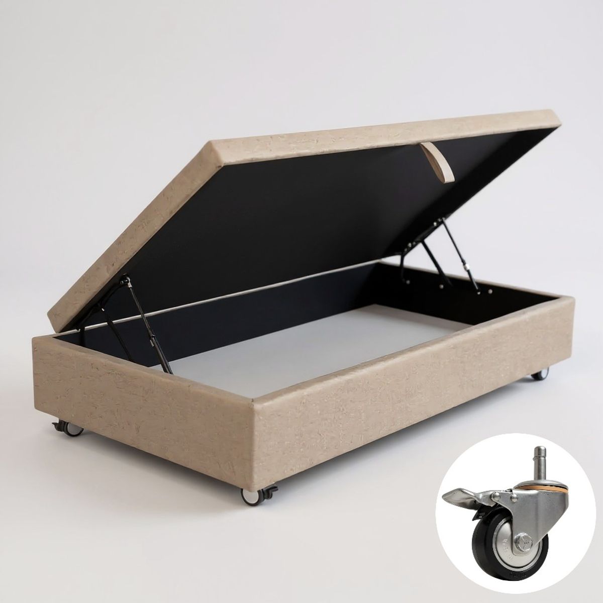 BLOCCARE - Base Cama Baul 1 Plaza (Beige)  L200 / con Ruedas Deluxe / Con refuerzo