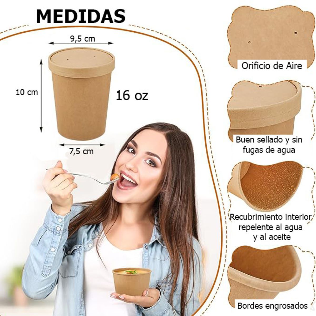 GENERICO - Pote Kraft Desechable Con Tapa 16oz 473ml 50 Unidades