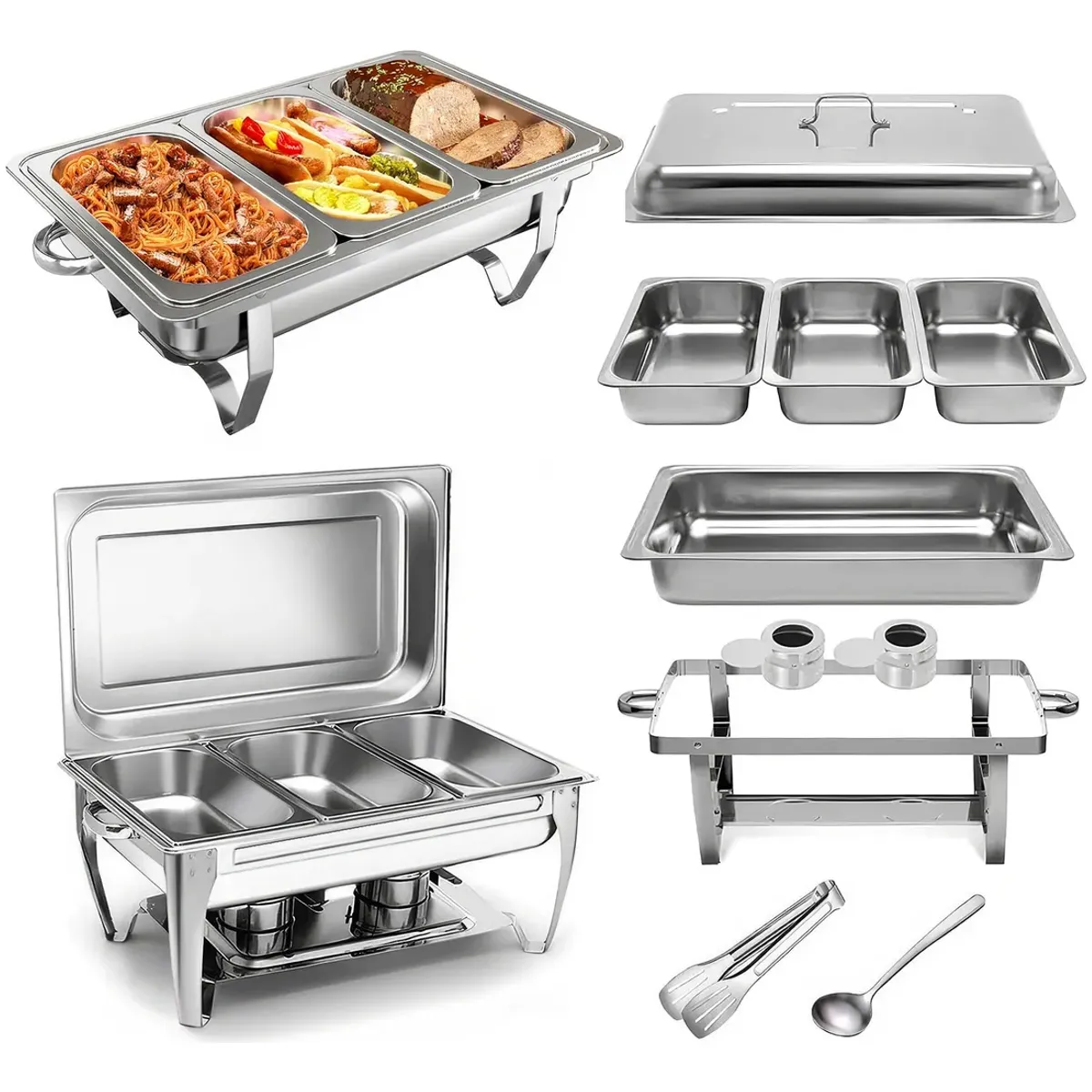 EVERSO - Chafer Buffet De Acero Inoxidable Plegable Con 3 Bandejas 9L