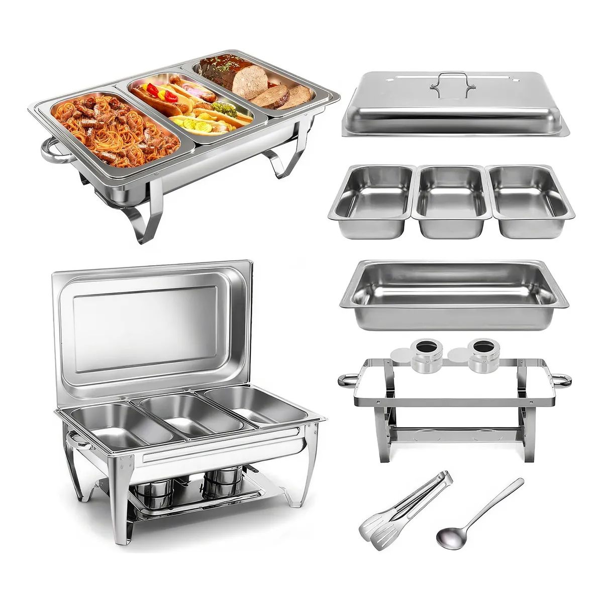 EVERSO - Chafer Buffet De Acero Inoxidable Plegable Con 3 Bandejas 9L