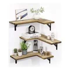 EVERSO - X3 Repisas Esquineras Flotantes De Madera Modernas Cocinas