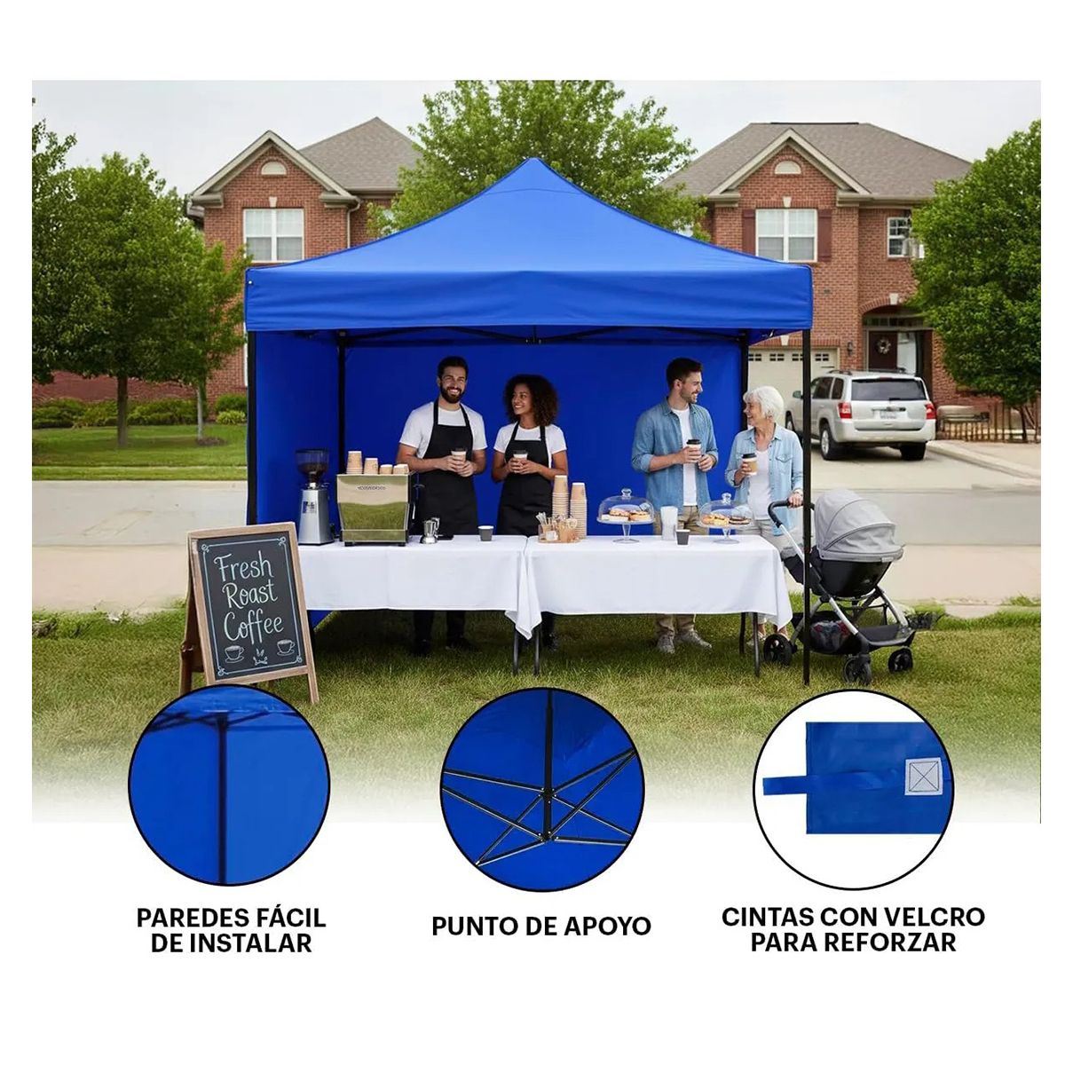 Toldo Plegable Ilios 3x3 Azul Impermeable con Paredes Laterales, marca EVERSO - Foto Principal