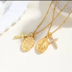 GENERICO - Collar y Cruz Virgen 7 Rayos, enchape oro