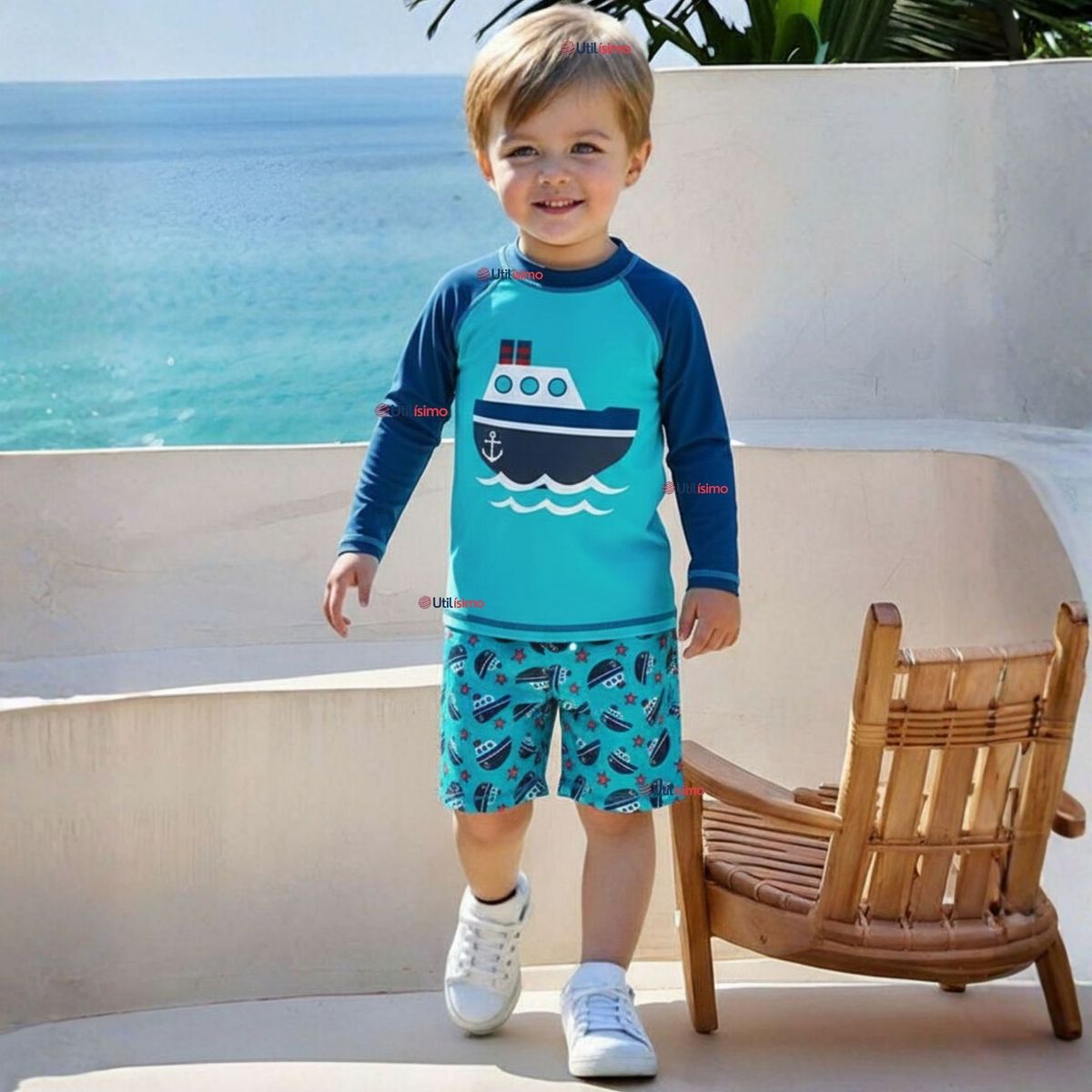 JUMP KIDS - Traje de Baño Manga Larga Pantalón Corto 2 Piezas Corte Split Niño 3 a 9 años Blue Boat