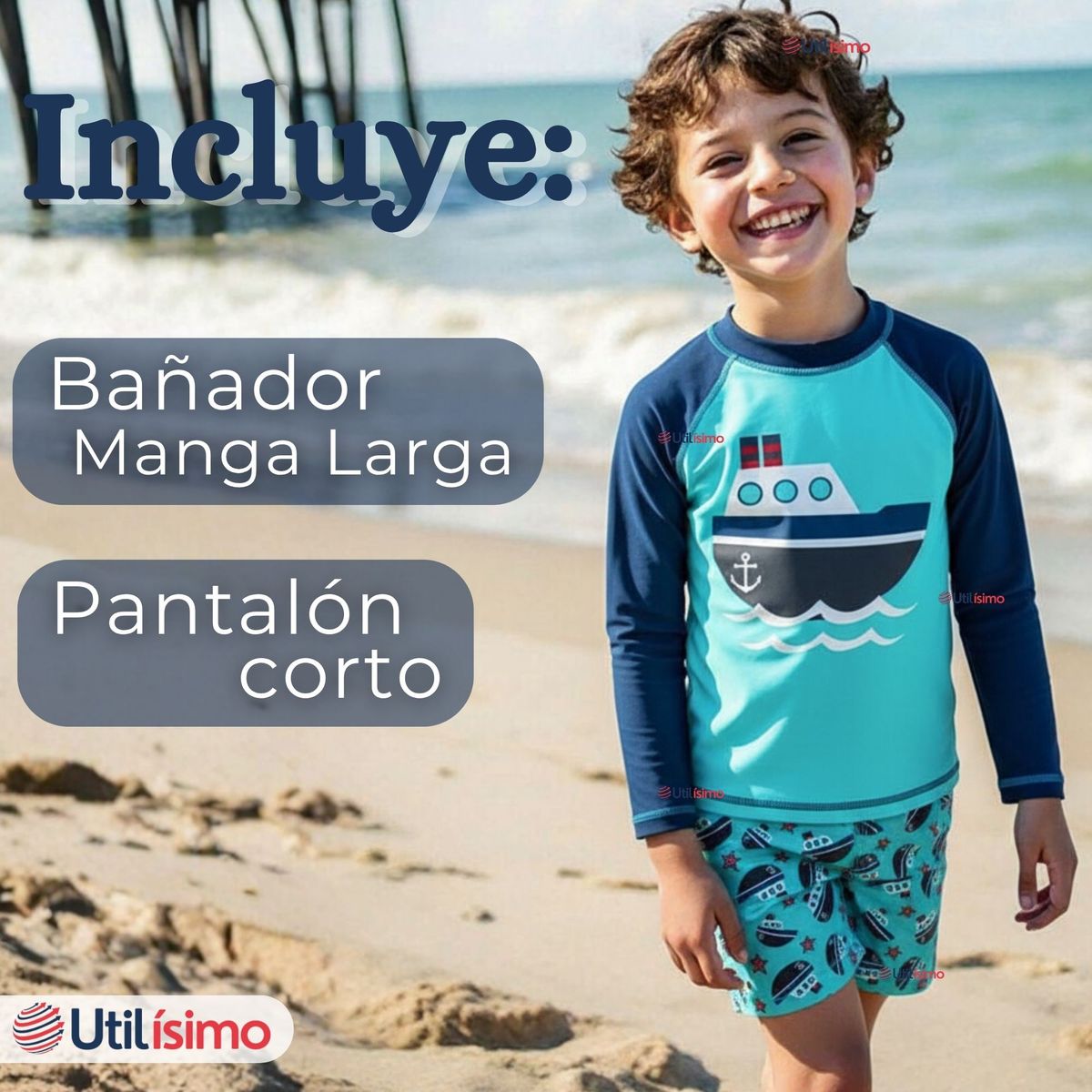 JUMP KIDS - Traje de Baño Manga Larga Pantalón Corto 2 Piezas Corte Split Niño 3 a 9 años Blue Boat
