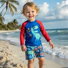 JUMP KIDS - Traje de Baño Polera Manga Larga Pantalón Corto 2 Piezas Corte Split Niño 3 a 9 años Blue Dinosaur