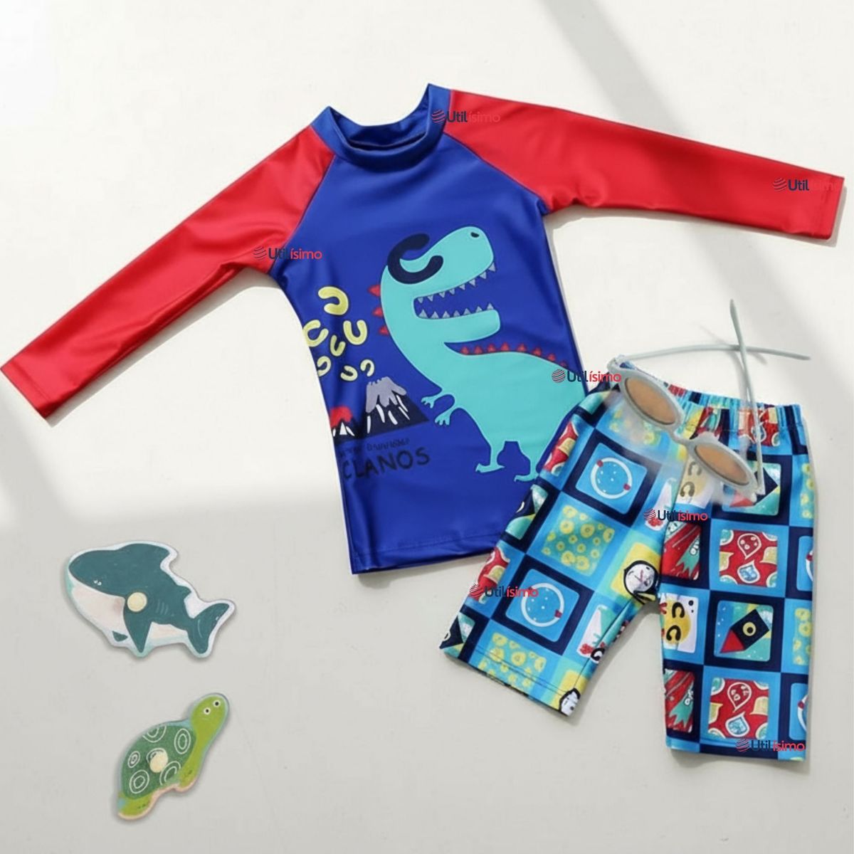 JUMP KIDS - Traje de Baño Polera Manga Larga Pantalón Corto 2 Piezas Corte Split Niño 3 a 9 años Blue Dinosaur