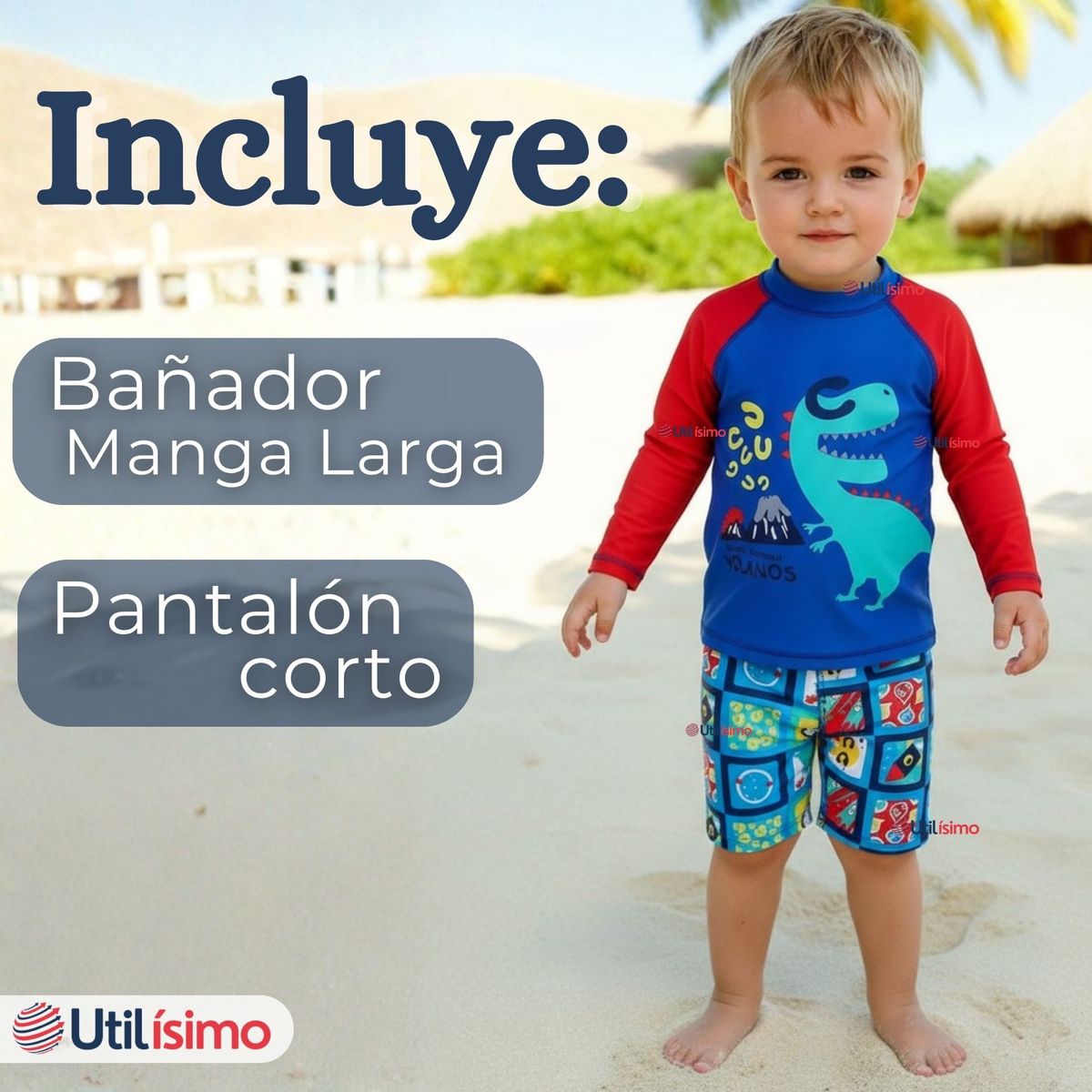 JUMP KIDS - Traje de Baño Polera Manga Larga Pantalón Corto 2 Piezas Corte Split Niño 3 a 9 años Blue Dinosaur