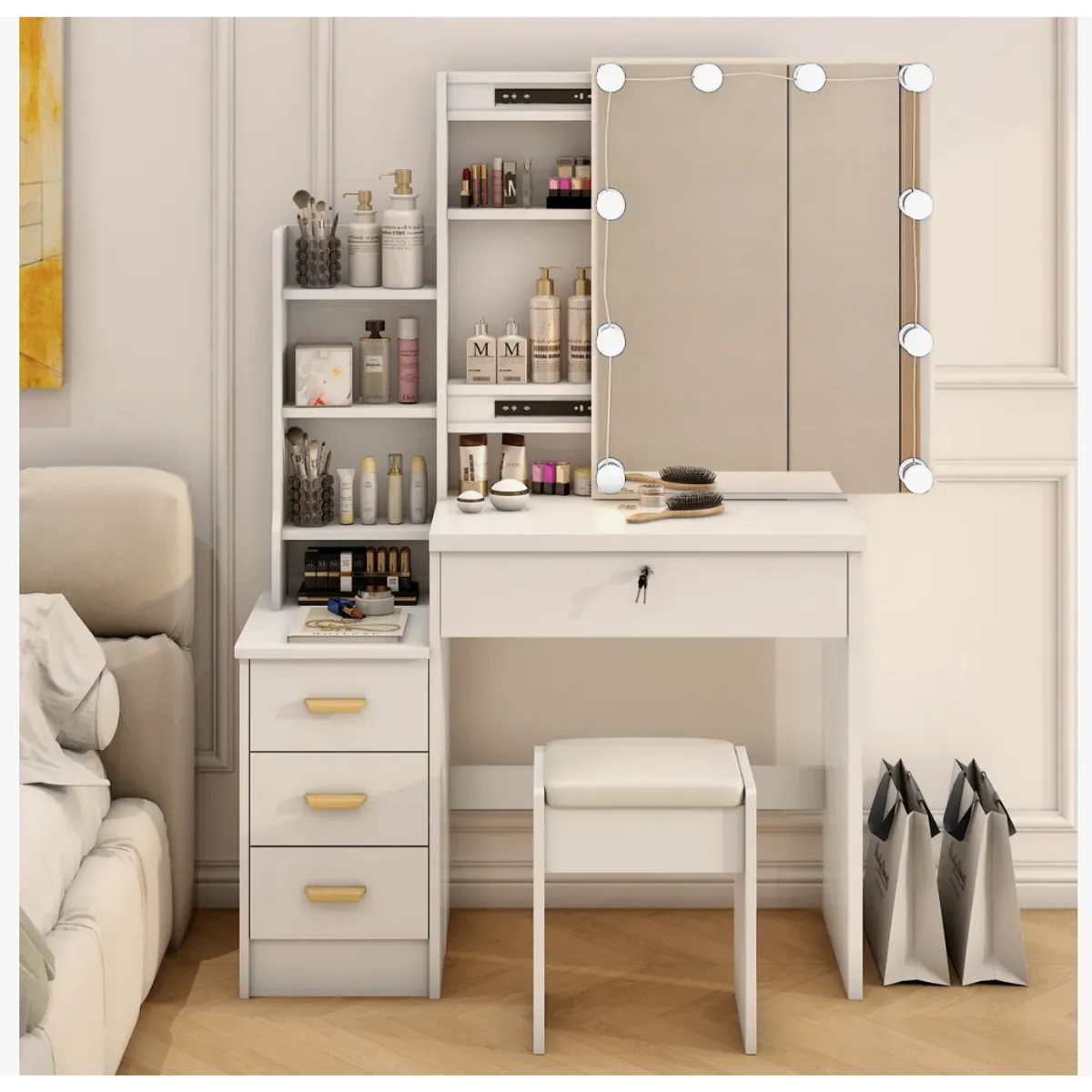 HOMER DESIGN - Tocador Con Luz Hollywood Y Taburete 100x145x40cm Multiusos