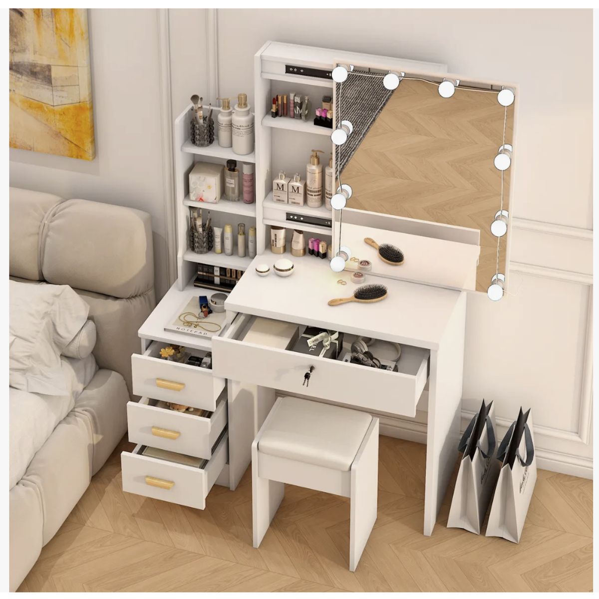HOMER DESIGN - Tocador Con Luz Hollywood Y Taburete 100x145x40cm Multiusos