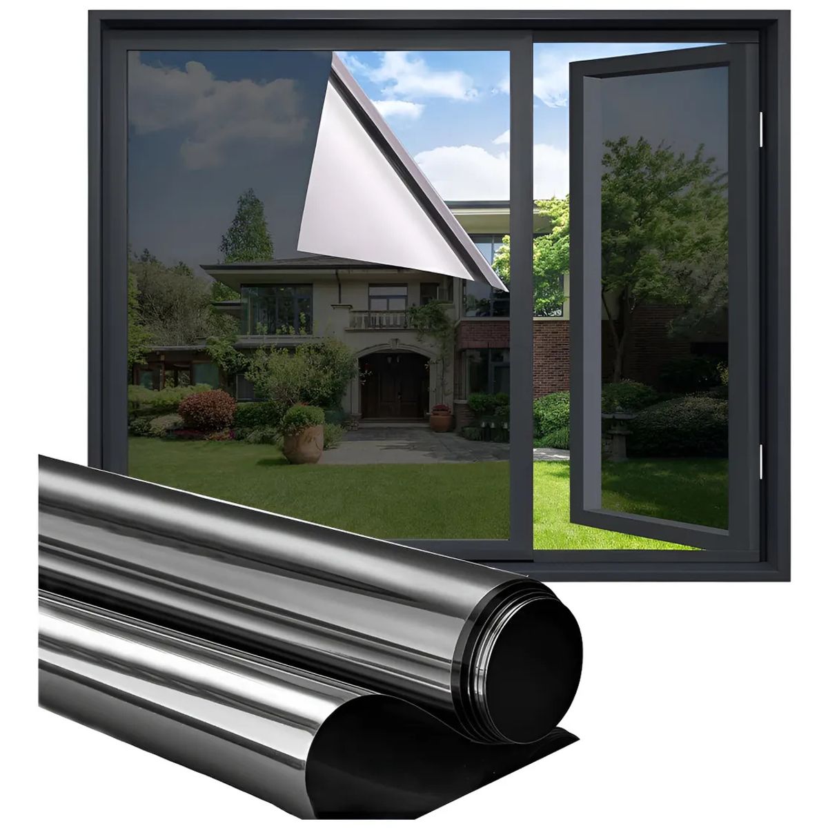 KUANGYE - Lamina Espejada Film Privacidad Vidrio Ventana 70 Cm x 10 M Negro-Plata