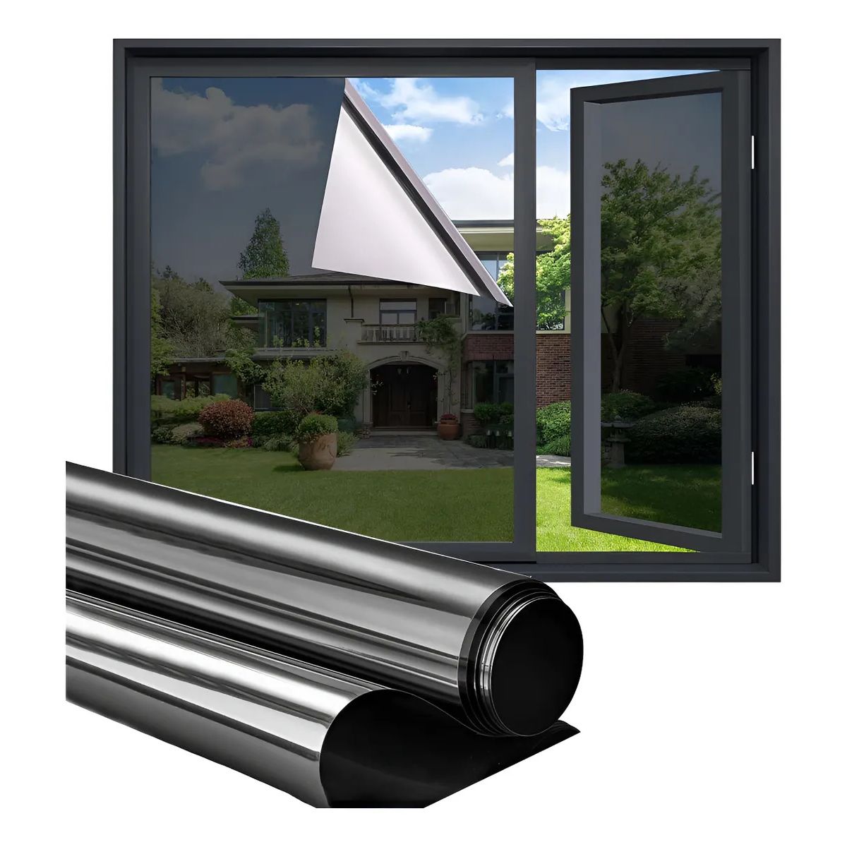 KUANGYE - Lamina Espejada Film Privacidad Vidrio Ventana 70 Cm x 10 M Negro-Plata