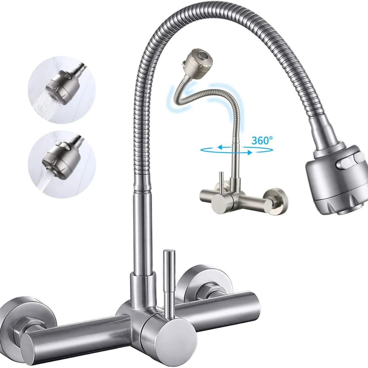 KUANGYE - Grifo de Montaje Acero Inoxidable en la Pared Llaves para Fregadero de Giratorio Flexible de 360°