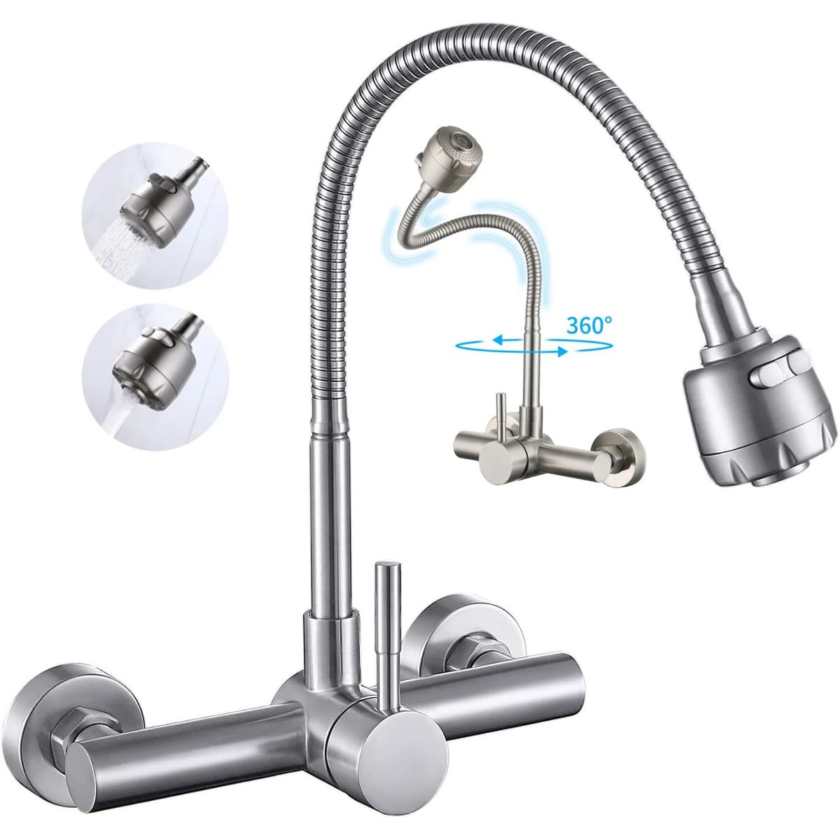 KUANGYE - Grifo de Montaje Acero Inoxidable en la Pared Llaves para Fregadero de Giratorio Flexible de 360°