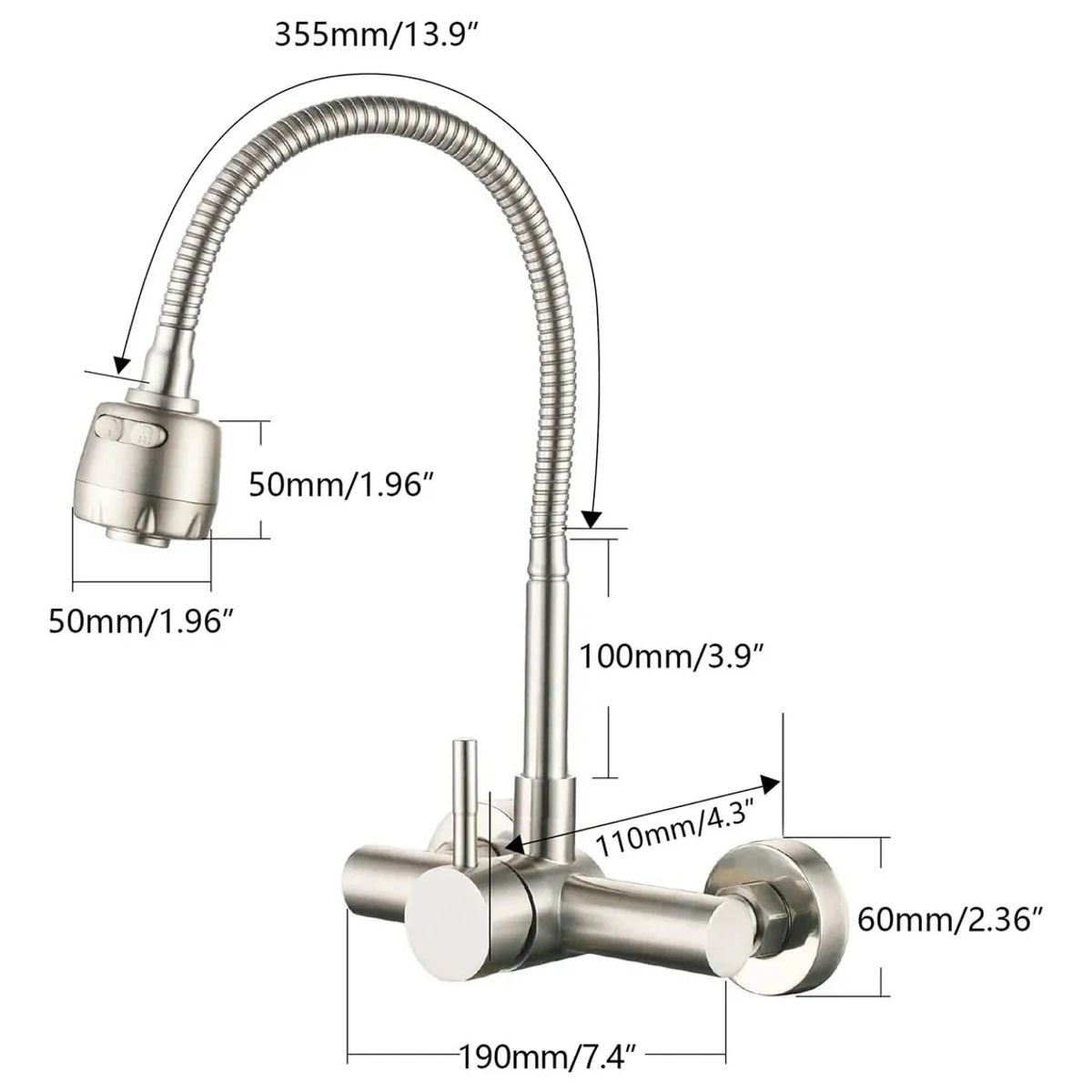 KUANGYE - Grifo de Montaje Acero Inoxidable en la Pared Llaves para Fregadero de Giratorio Flexible de 360°