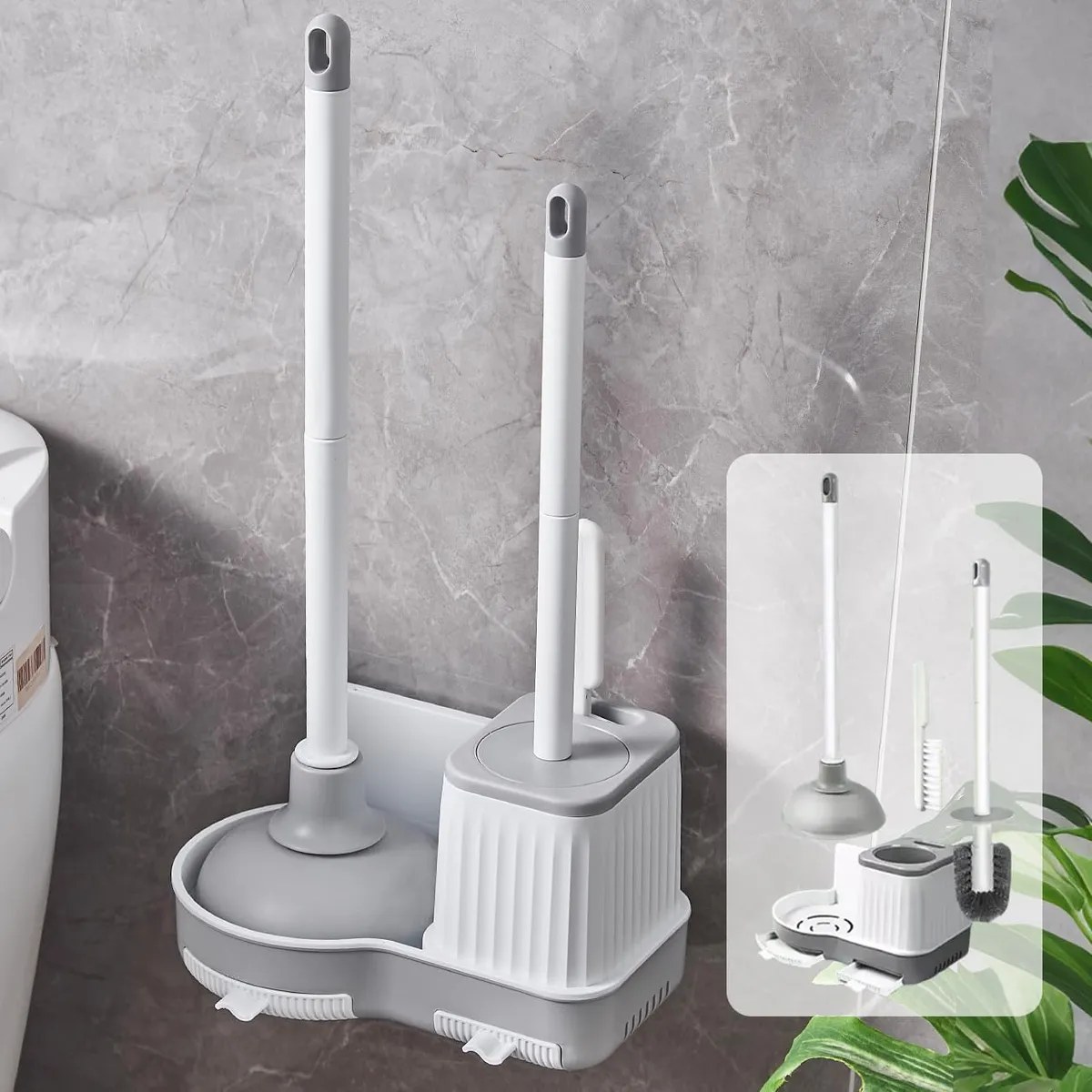BLUEDREAMER - Set de Limpieza para Baño Escobilla y Desatascador con Soporte Oculto Cepillo para Hendiduras