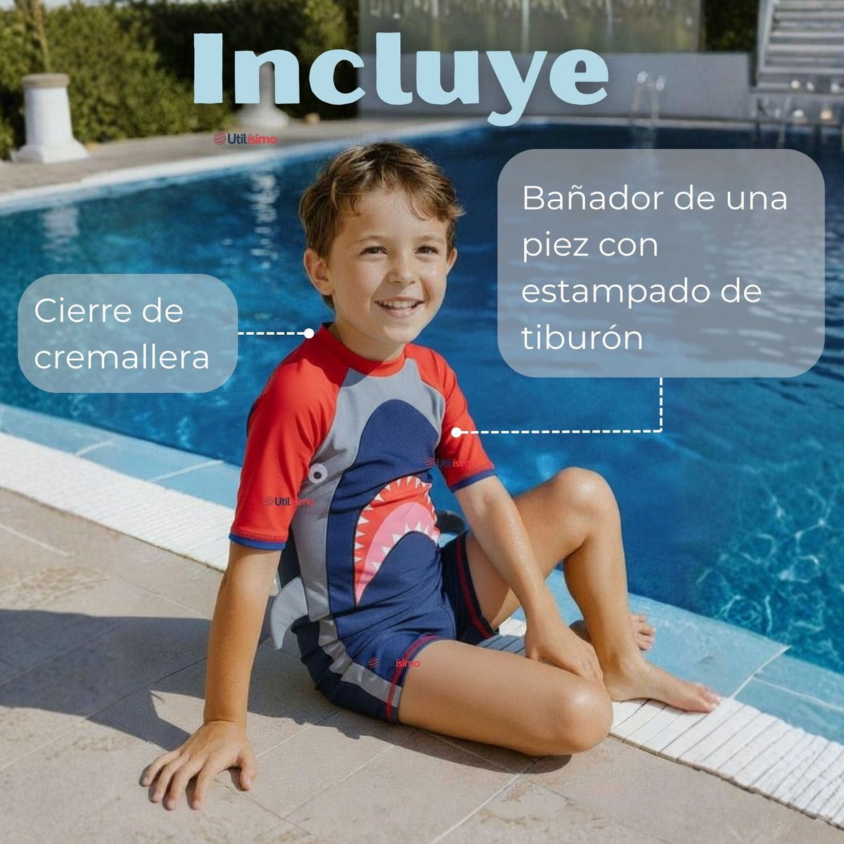 JUMP KIDS - Traje de baño Enterito Con Cremallera Niño de 2 a 6 años Red Shark