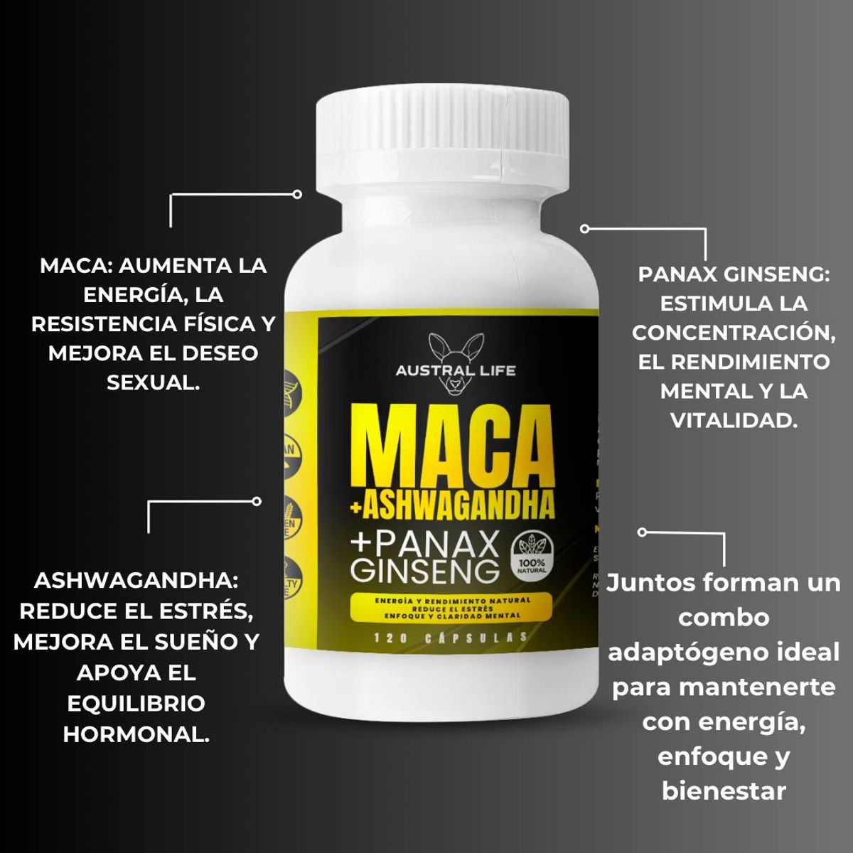 GENERICO - Maca Ashwagandha + Panax Ginseng 120 Cápsulas - Austral Life