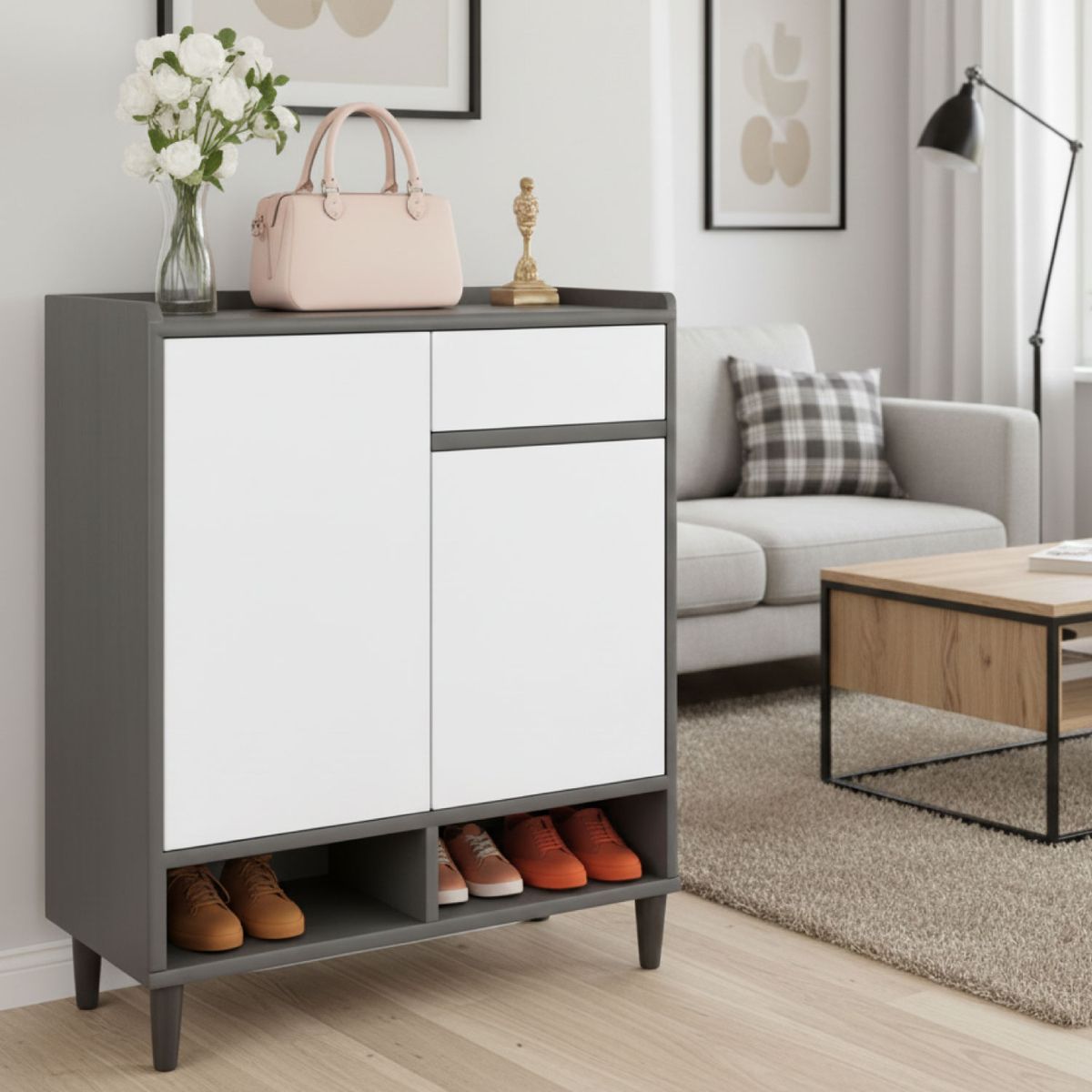 MUNDO ONLINE - Zapatero Silver 2 Puertas con Cajón Organizador Estante 30Cm