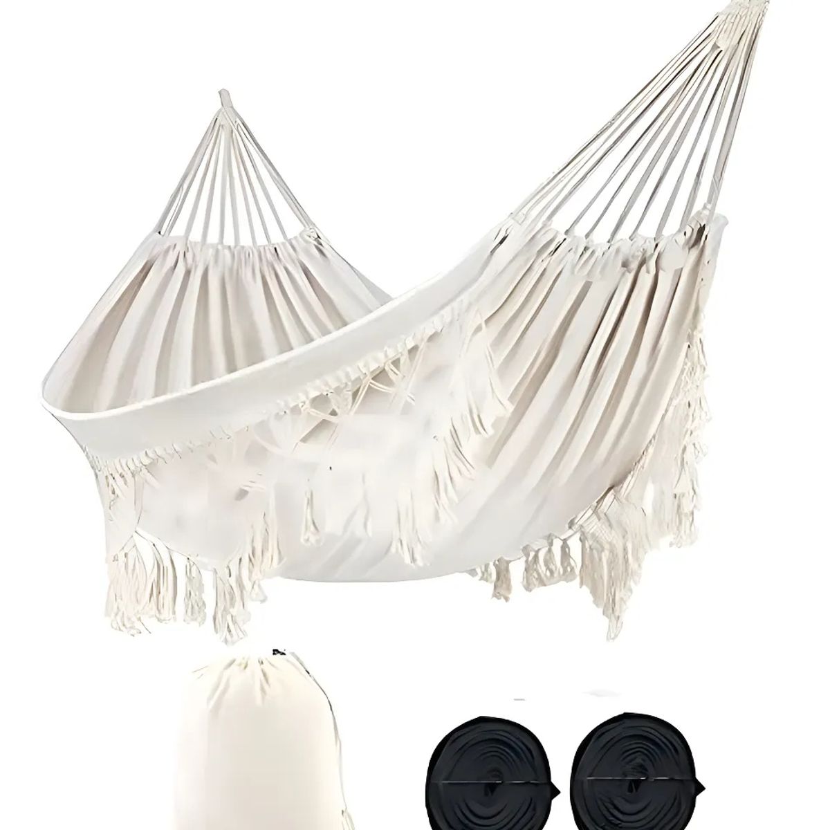 GENERICO - Hamaca Brasileña Macramé Doble - Columpio de Cama con Borlas - Algodón/Poliéster - 226 kg