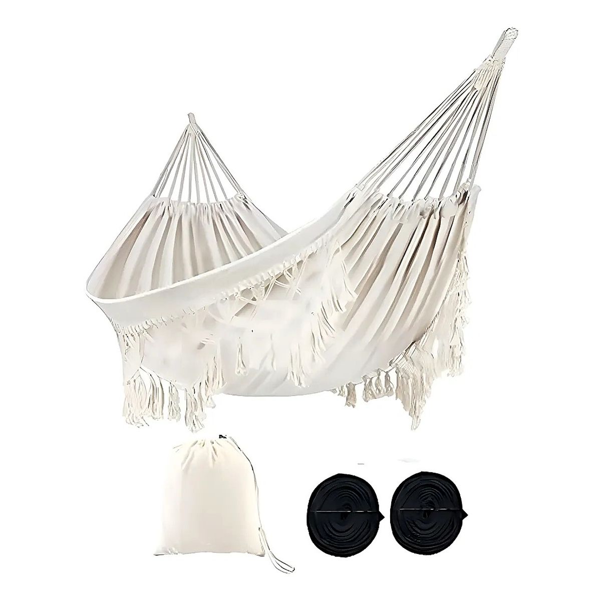 GENERICO - Hamaca Brasileña Macramé Doble - Columpio de Cama con Borlas - Algodón/Poliéster - 226 kg