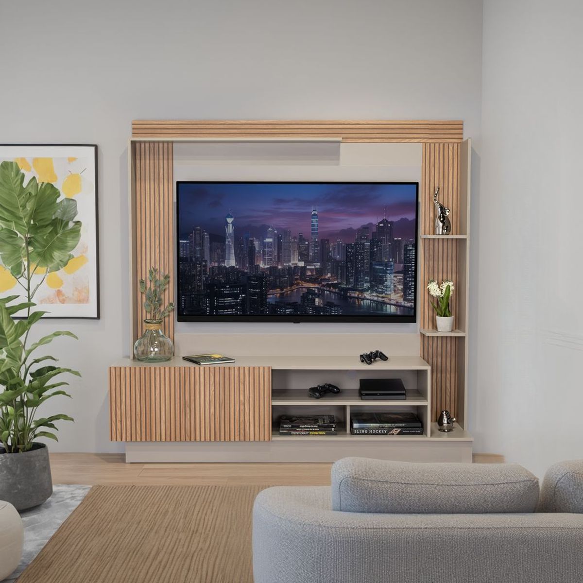 TUHOME - Estante Tv 55 Doha Taupe Y Miel 175x180x38.5 Cm