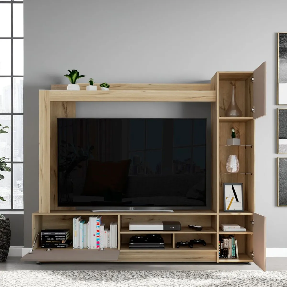 TUHOME - Estante Tv 55 Doha Taupe Y Miel 175x180x38.5 Cm