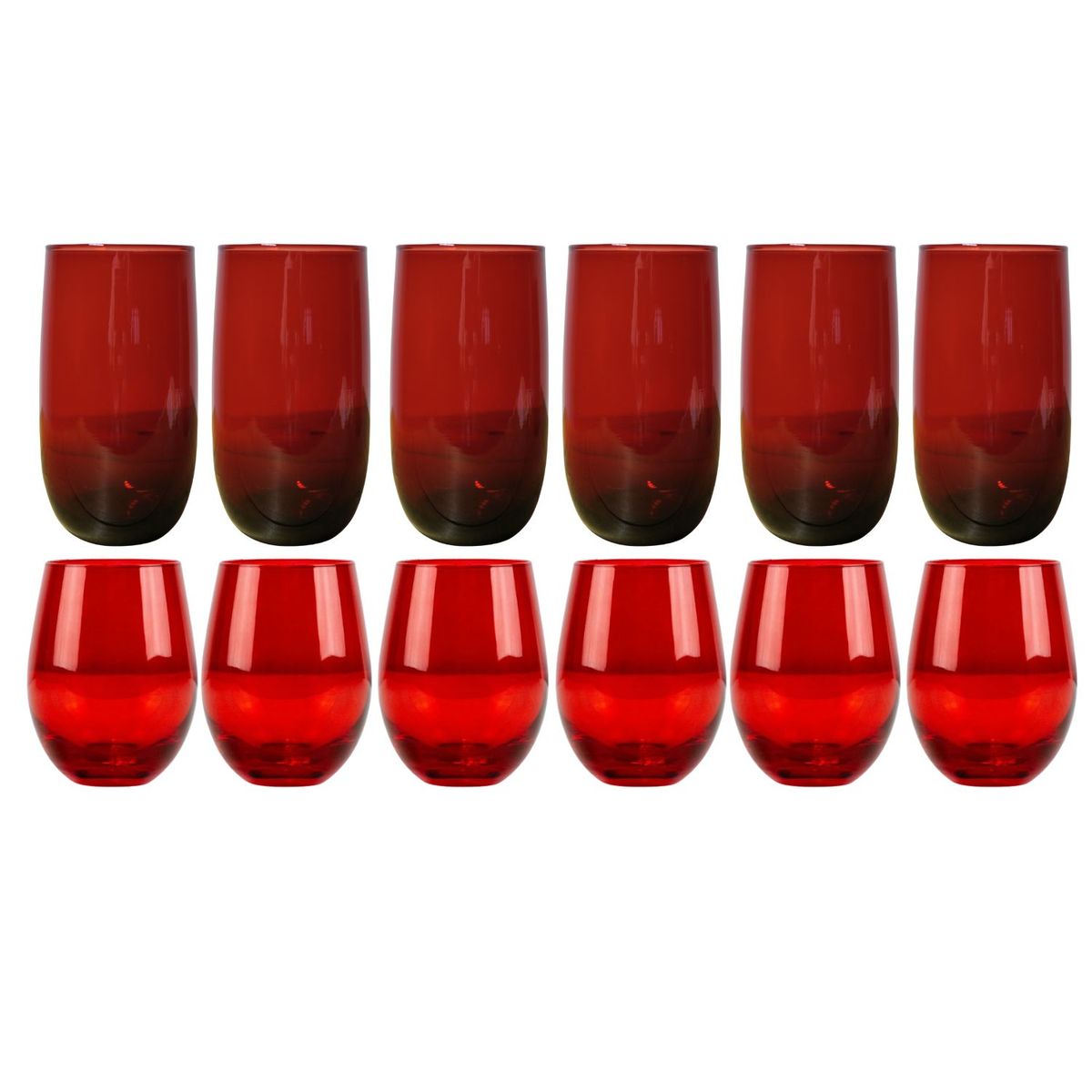 ALLEGRA - Set 12 Vasos Vidrio Altos Y Bajos Full Color Rojo Allegra