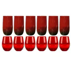 ALLEGRA - Set 12 Vasos Vidrio Altos Y Bajos Full Color Rojo