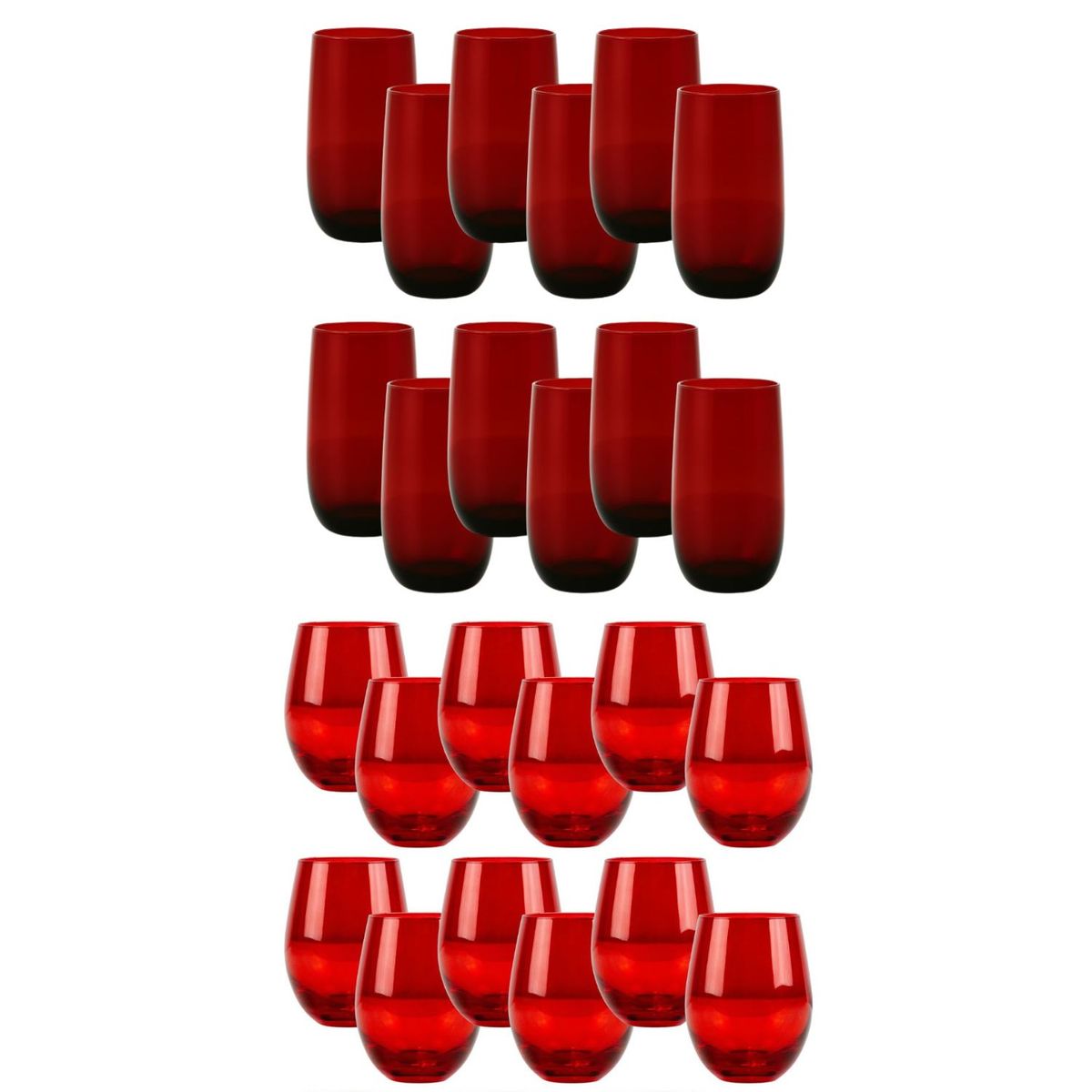 ALLEGRA - Set 24 Vasos Vidrio Altos Y Bajos Full Color Rojo Allegra