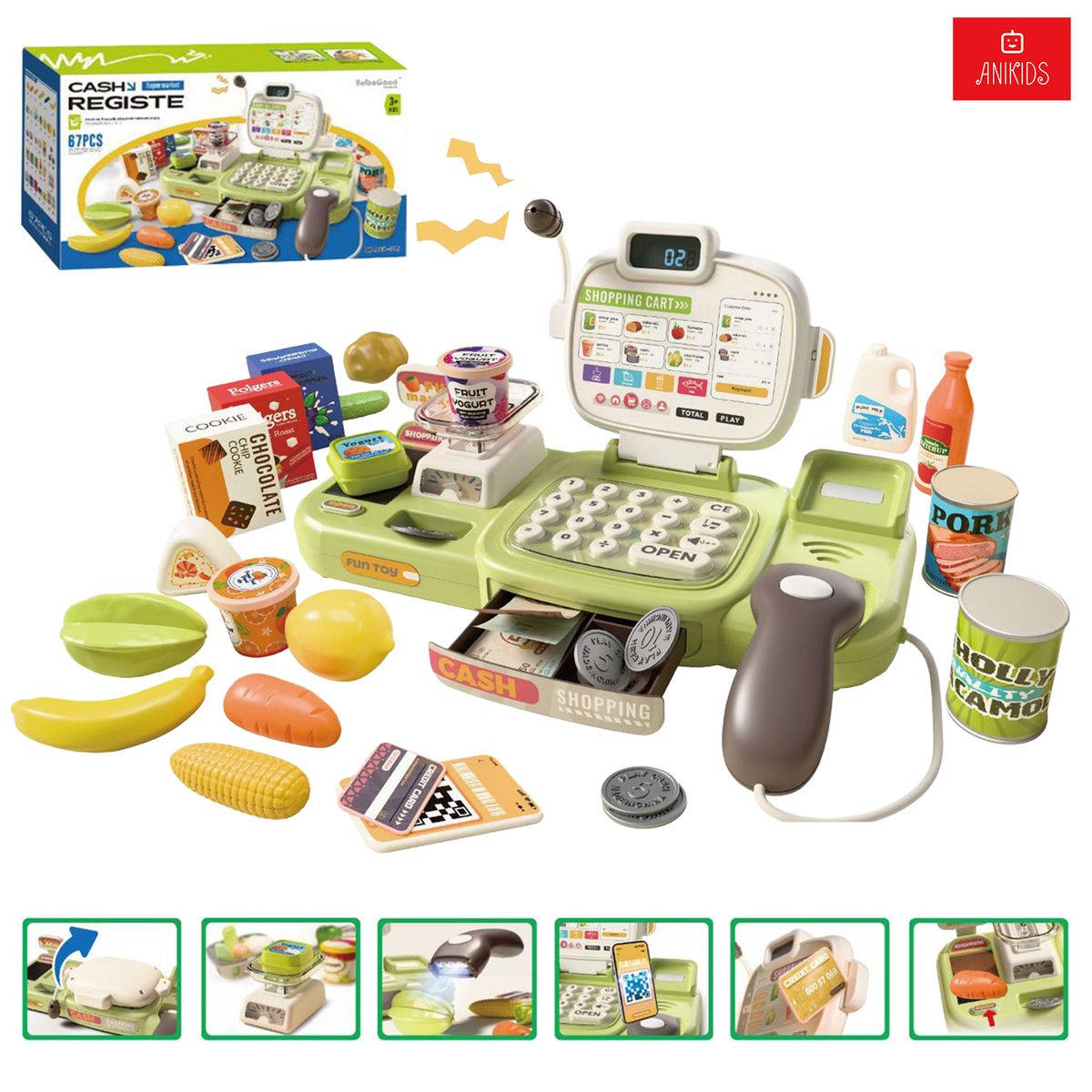 ANIKIDS - Caja Registradora Infantil Niños Juguete Didáctico 67 Piezas Verde