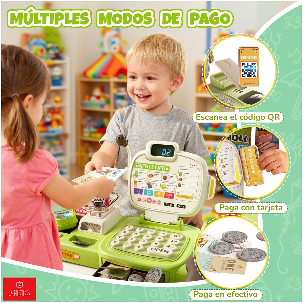 ANIKIDS - Caja Registradora Infantil Niños Juguete Didáctico 67 Piezas Verde