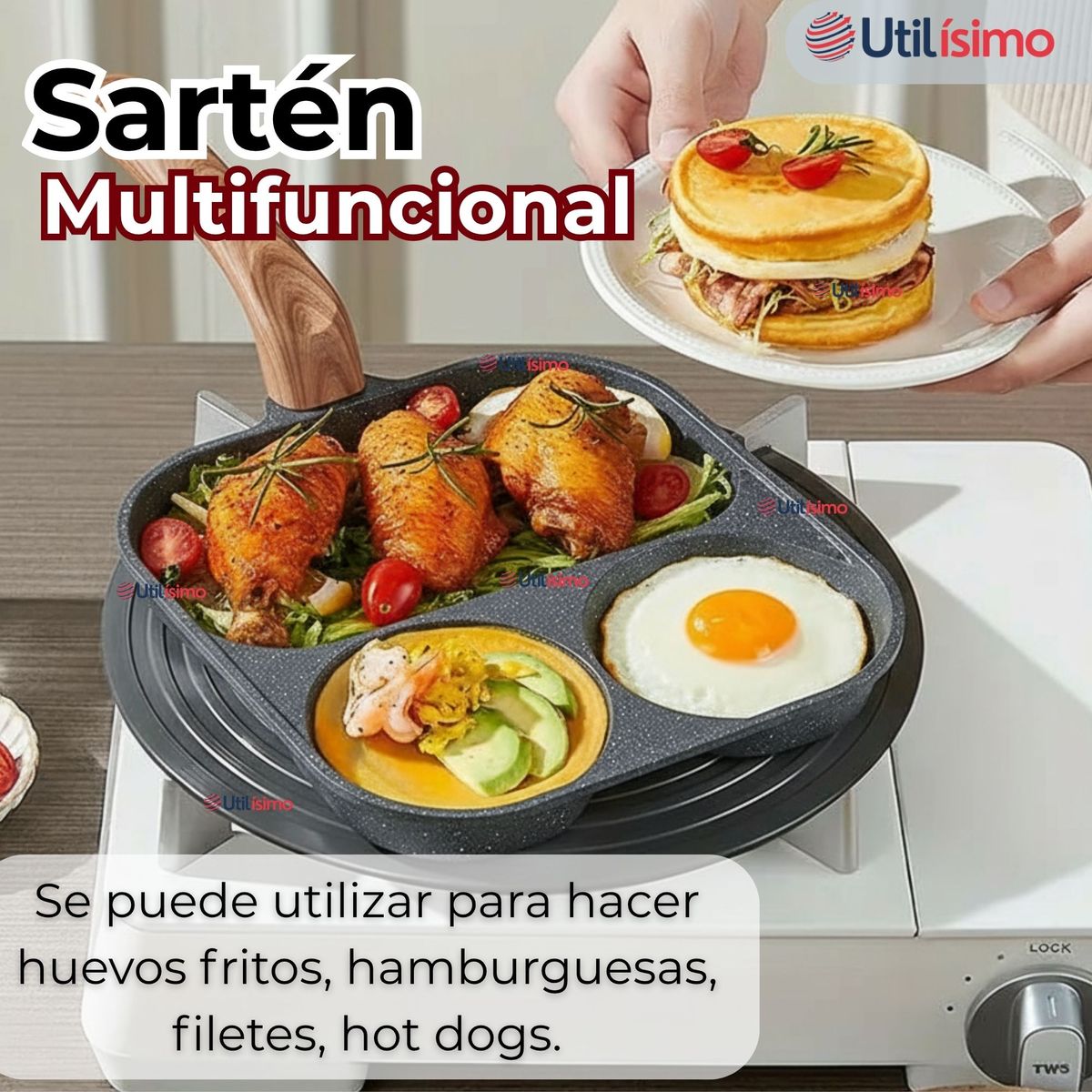 LINE - Sartén de Aluminio Antiadherente 3 en 1 Para Huevos Panqueques Hamburguesas