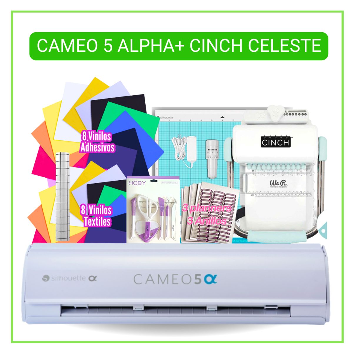 SILHOUETTE - SAN 02 Cameo 5 ALPHA + ENCUADERNADORA CINCH VERDE+ INSUMOS