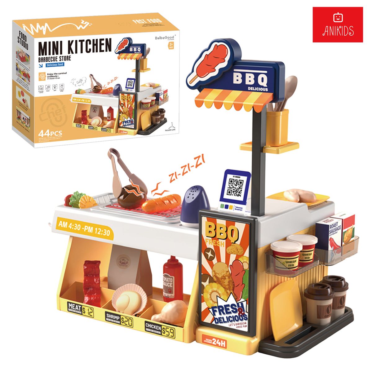ANIKIDS - Cocina De Juguete Bbq Parrilla 44Piezas Con Luz Sonido Niños Amarillo