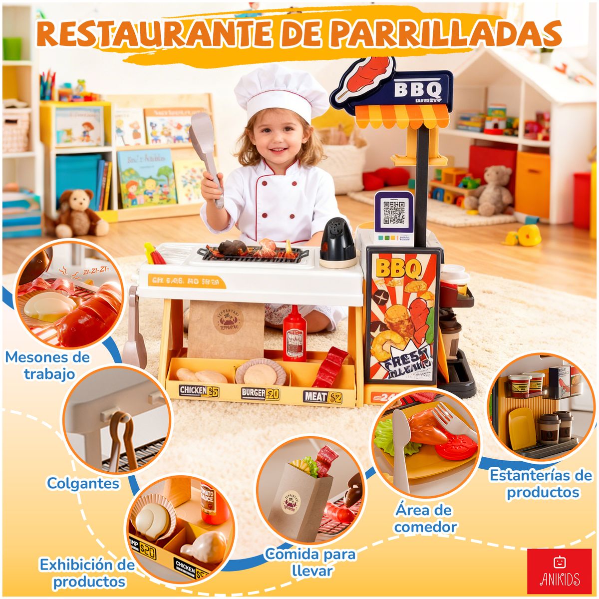 ANIKIDS - Cocina De Juguete Bbq Parrilla 44Piezas Con Luz Sonido Niños Amarillo